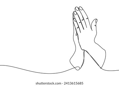 Praying hands one continuous line banner template with copy space for text. Minimal vector illustration isolated on white background. Religion, Christianity, faith, hope concept