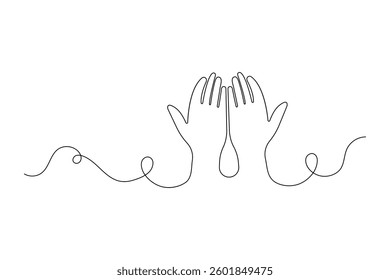 Praying hands one line art with minimalist isolated outline vector icon