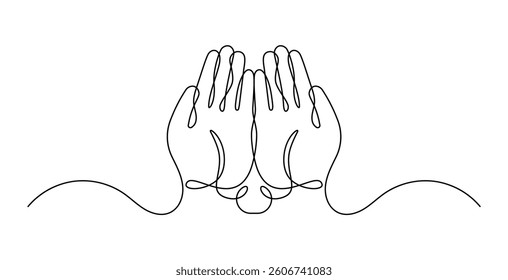 Praying hands one line drawing on white isolated background. Vector illustration
