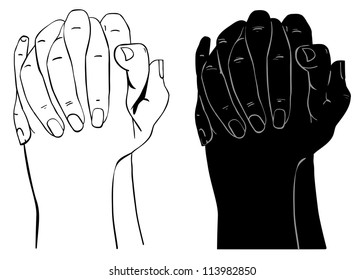 Praying Hands, Outline Illustration, Isolated On White Background