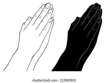 Praying Hands, Outline Illustration, Isolated On White Background