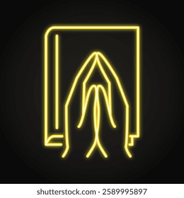 Praying hands over holy book neon icon. Religion, faith in God. Vector illustration