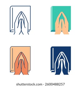 Praying hands over holy book icon. Religion, faith in God. Vector illustration