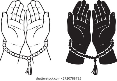 Praying hands with prayer beads in black and white style isolated on white background, Vector, illustration