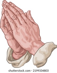 Praying hands in prayer in a comic book pop art cartoon illustration style. 