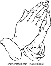 Praying hands in prayer in a comic book pop art cartoon illustration style. 