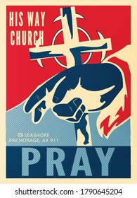 Praying hands, prayer on bible, blessing hands religious vector FLYER OR BANNER. Symbolic hands united for pray to god. For invitation, cards. 