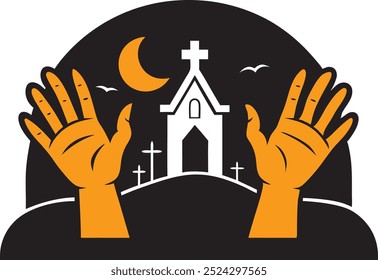 Mãos de oração que emergem do túmulo de Halloween com design de logotipo da Igreja