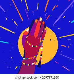 Praying hands and rosary in the background of the sun. Concept of faith and hope. Colorful vector illustration