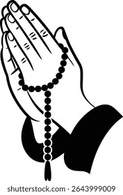 Praying hands with rosary beads. Vector illustration.