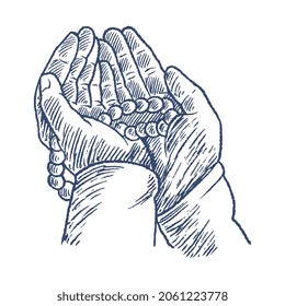 Praying hands with rosary, hand drawn vintage engraving sketch vector illustration. A human prays, holding a rosary in his hands isolated on white background