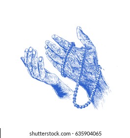 Praying hands with rosary, Hand Drawn Sketch Vector Background.