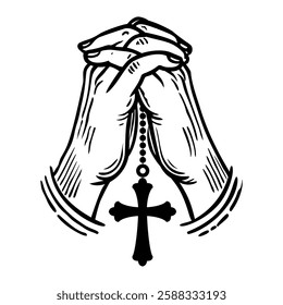 Praying hands with rosary outline illustration 