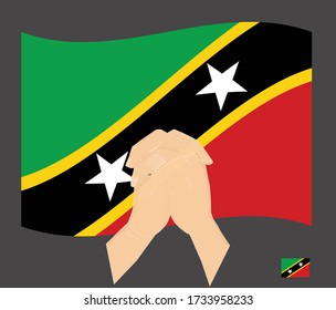 Gebet Hände mit St. Kitts und Nevis National Flag, Beten für St. Kitts und Nevis, Save Kittitian oder Nevisian People Konzept, Cartoon-Grafik, Zeichen-Symbol Hintergrund, Vektor-Illustration.