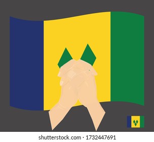 Rezando manos con la bandera nacional de San Vicente y las Granadinas, Rezar por San Vicente y las Granadinas, Salvar a San Vicente y las Granadinas, concepto de pueblo sanvincentino, cartografía, ilustración vectorial.