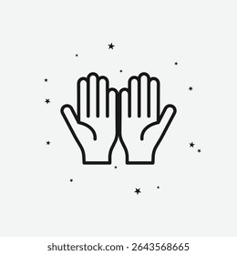 Praying Hands with Scattered Stars on Light Background, Representing Prayer, Faith, or Spirituality, White Outline Icon