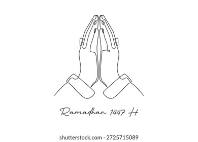 Manos orantes en busca de bendiciones en Ramadán. Ramadán 1447 H Concepto. Diseño de dibujo de línea única. Ilustración gráfica de Vector