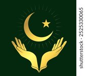 Praying hands and shining crescent moon with star. Golden islamic religious symbol