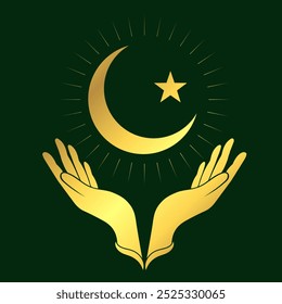 Praying hands and shining crescent moon with star. Golden islamic religious symbol