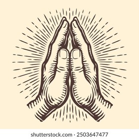 Praying hands sketch. Prayer to god, faith and hope emblem. Hand drawn vector illustration engraving style