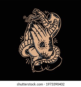 praying hands with snake tattoo vector