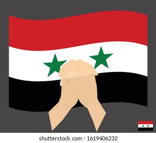 Praying hands with the Syrian Arab Republic National Flag, Pray for syria concept, Save syria, cartoon graphic, sign symbol background, vector illustration.