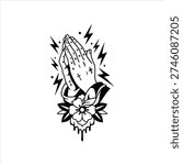 Praying Hands Tattoo with Cross and Lightning Vector Illustration.