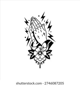 Praying Hands Tattoo with Cross and Lightning Vector Illustration.