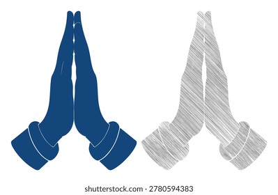 Praying hands vector art illustration with gesture in two versions solid color and sketch style.