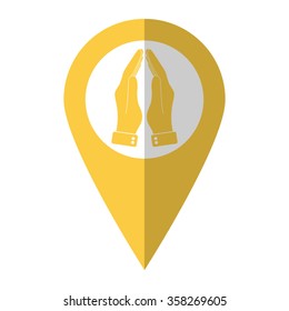 Praying hands - vector icon;  yellow map pointer
