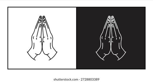 Manos de oración ilustración de línea de Vector. Manos humanas dobladas en oración. Concepto de religión cristiana de fe, esperanza, amor. Dios, adorar, bendecir. Mudra namaste gesto.