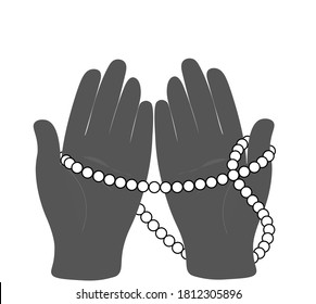 Praying Hands with white rosary beads (Tasbih). Vector graphics. 