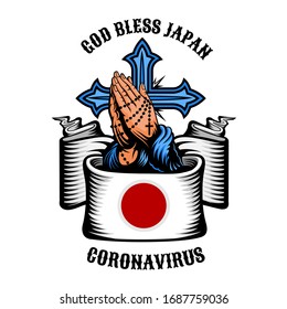 Manos rezando envueltas en la bandera de Japón, y cruz detrás de ella. Dios bendiga a Japón.Coronavirus. Ilustración vectorial de color