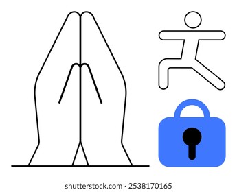 Praying hands, yoga pose, and lock symbolize prayer, meditation, health, fitness, security. Ideal for wellness, mental health, spiritual practice, safety, and mindfulness. Simplistic line art style