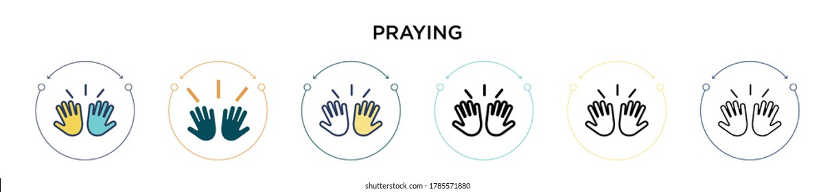 Praying icon in filled, thin line, outline and stroke style. Vector illustration of two colored and black praying vector icon designs can be used for mobile, ui, web