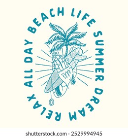 praying illustration hands graphic surfboards design palm tree badge tropical vintage surf