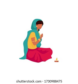 Praying indian girl flat color vector faceless character. Female in sari and scarf. Religious hindu ritual. Puja ceremony isolated cartoon illustration for web graphic design and animation