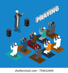 Praying in islam isometric composition with religious leader and muslims on mats on blue background vector illustration