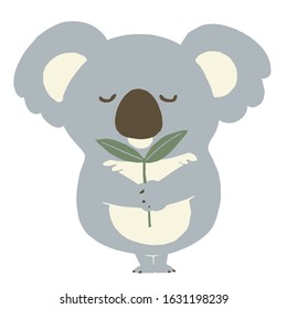 Praying Koala holding eucalyptus leaves. Vector illustration on white background.