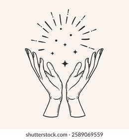 Praying or magic hands. Hand drawn sketch style. Religious spiritual symbol. Vector illustration in retro vintage style.