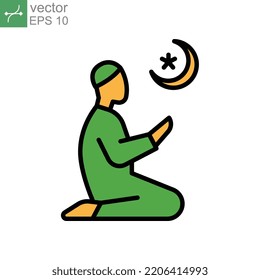 Rezando y haciendo muchos duas en las oraciones diarias de salaah. Taraweeh, tarawih en ramadan kareem. Cartel de culto musulmán. islam, musulmán, ramadán, icono religioso.Ilustración vectorial.Diseño de fondo blanco. EPS10
