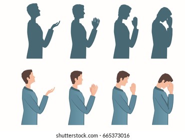Praying man. Different poses. Color version and silhouette. Vector illustration EPS-8.