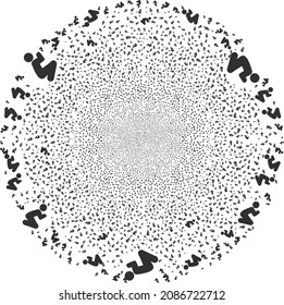 Praying man fireworks round cluster. Object pattern done from scattered praying man pictograms as exploding round shape. Abstraction round cluster collage done from praying man symbols.