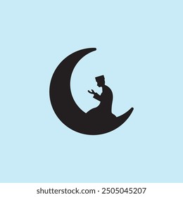 Praying man and half moon icon vector illustration on blue background