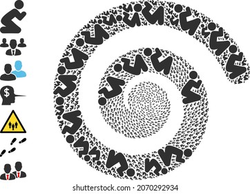 Praying man icon spiral twirl collage. Praying man elements are shaped into whirlpool vector illustration. Object whirlpool designed from scatter praying man icons. Some bonus icons are designed.