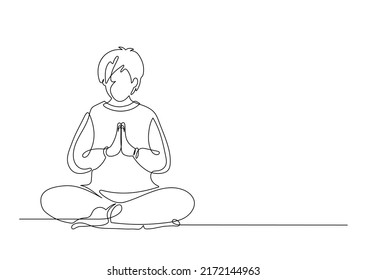 Praying man in lotus pose. Continuous line. Religion, faith, meditation concept.