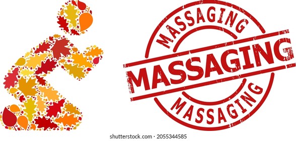 Praying Man mosaic icon created for fall season, and MASSAGING scratched stamp seal. Vector praying man mosaic is constructed from scattered fall maple and oak leaves.