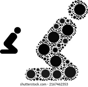 Gebet Menschen Mosaiksymbol. Vektormosaik besteht aus randomisierten Bacilleteilen. Bacterium mosaic beten Menschen Symbol. Gebet Menschen Mosaik für pandemische Vorlagen.