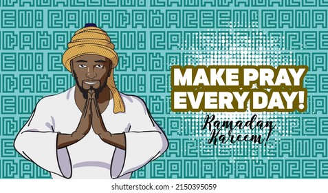Praying man. Poster for muslim religion holiday Ramadan Kareem. 