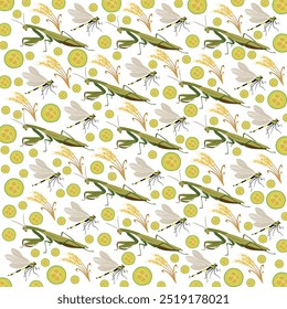 praying mantis, dragonfly with wheat and fruit as a pattern background